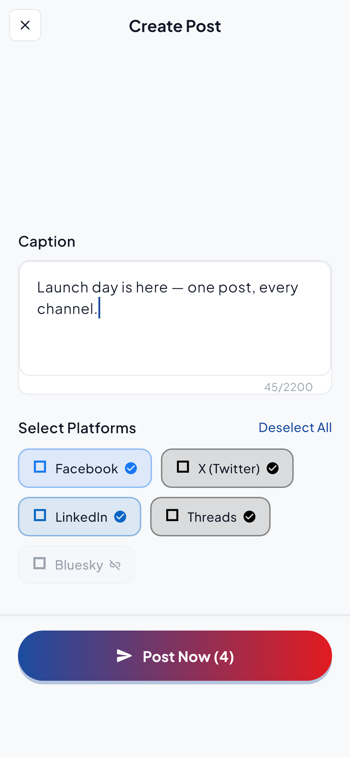 SoftPost composer with Facebook, X, LinkedIn, and Threads selected