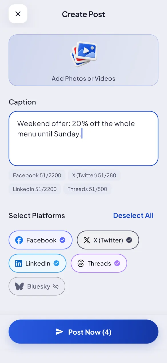 SoftPost composer with a caption and four platforms ticked