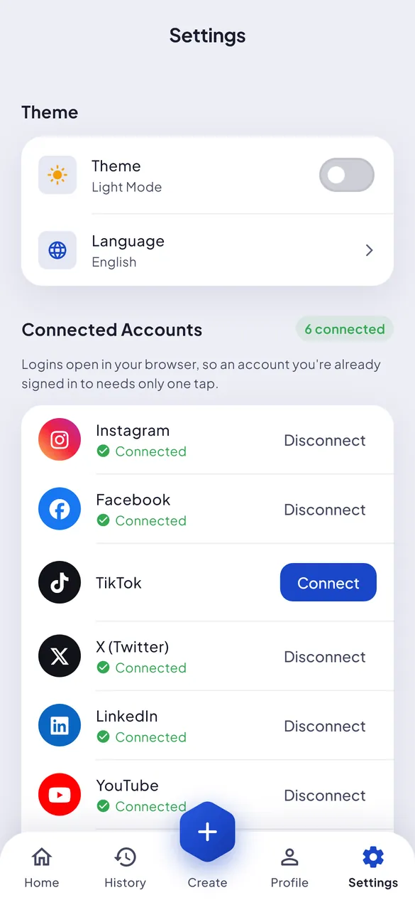 SoftPost Settings with six connected accounts